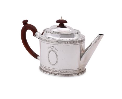 
	
		A SILVER OVAL TEA POT 
		C. J. VANDER LTD., LONDON 1973
		With a wooden oval finial and loop handle, a beaded border, en