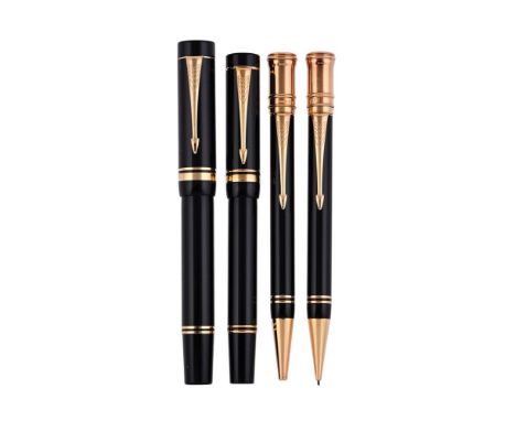 
	
		PARKER, DUOFOLD, CENTENNIAL 
		A BLACK FOUNTAIN PEN, ROLLER BALL, BALL POINT AND PENCIL
		Cap and Barrel: With black res