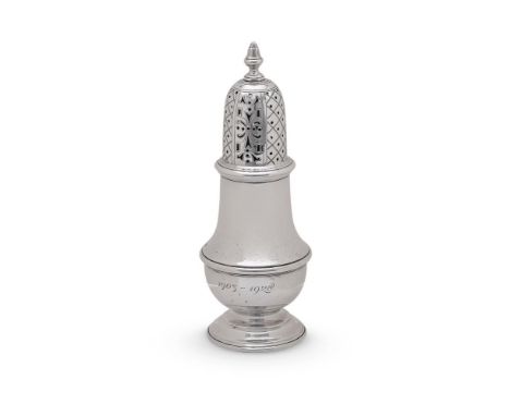 
	
		A SILVER BALUSTER CASTOR
		MAKER'S MARK C ..., LONDON 1927
		With a bell shaped finial to the pierced domed cover, engra