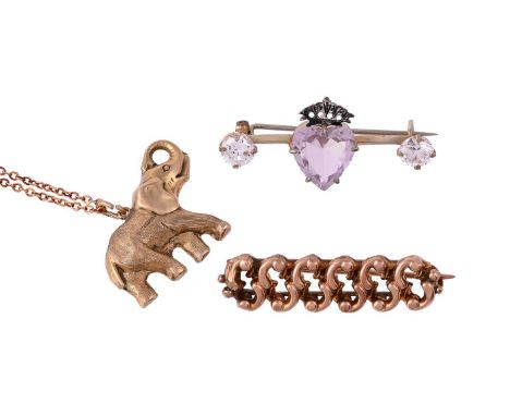 
	
		TWO BROOCHES AND A PENDANT
		The gold coloured bar brooch with pierced S scroll detail, unmarked; together with a 9 cara
