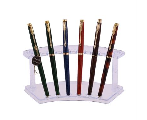 
	
		PARKER, 180 
		THREE LAQUE FOUNTAIN PENS AND THREE ROLLER BALL PENS
		Cap and Barrel: With various lacquered caps and ba