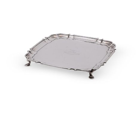 
	
		A SILVER SHAPED SQUARE SALVER
		MAPPIN &amp; WEBB LTD., SHEFFIELD 1951
		With a raised moulded border, engraved with a c