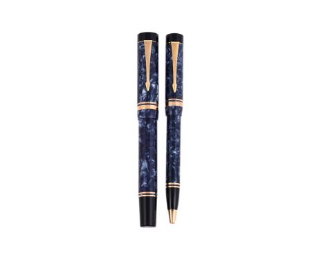 
	
		PARKER, DUOFOLD, CENTENNIAL 
		A BLUE MARBLED FOUNTAIN PEN AND BALLPOINT PEN, NO 46/50
		Cap and Barrel: With marbled bl