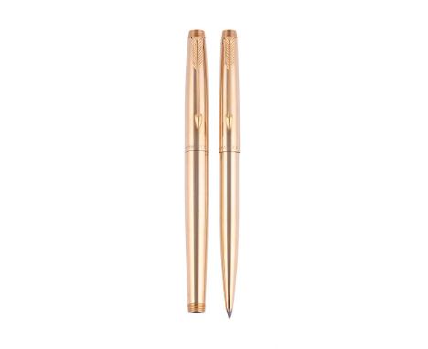 
	
		PARKER, 75 
		A GOLD COLOURED FOUNTAIN PEN AND BALL POINT PEN
		Cap and Barrel: With polished gold coloured cap and barr