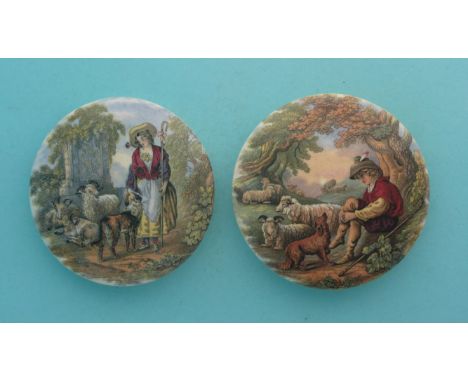 The Shepherdess (325) and The Shepherd Boy (326) (2) (potlid  pot lid  prattware) 
