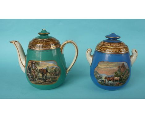 An oviform green ground teapot and cover, 131mm and a blue ground sucrier and cover, chipped (4) (potlid  pot lid  prattware)