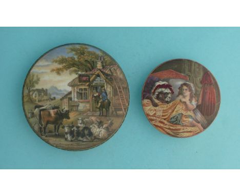 The Red Bull Inn (359) with name and Little Red Riding Hood (358) (2) (potlid  pot lid  prattware) 
