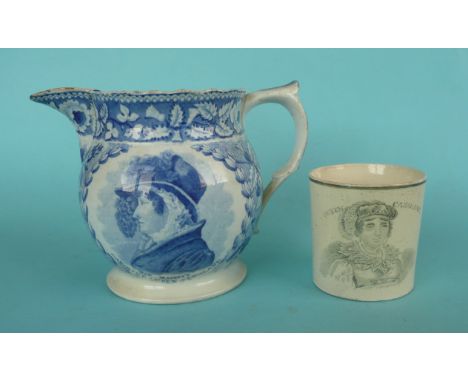 Caroline: a pearlware jug printed in blue with named profile and on the reverse quote from Henry the Eighth, 124mm, foot rest