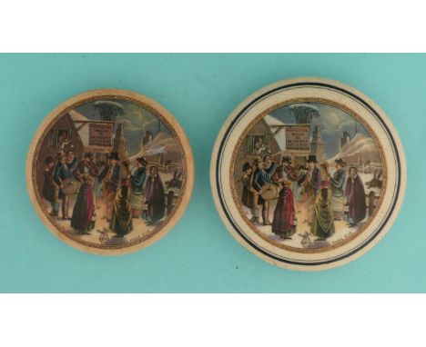 Xmas Eve (238) two varieties, one with black lined border, chipped (2) (potlid  pot lid  prattware) 