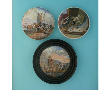 Landing the Catch (55) Lobster Sauce (49) and The Shrimpers (63) framed (3) (potlid  pot lid  prattware) 