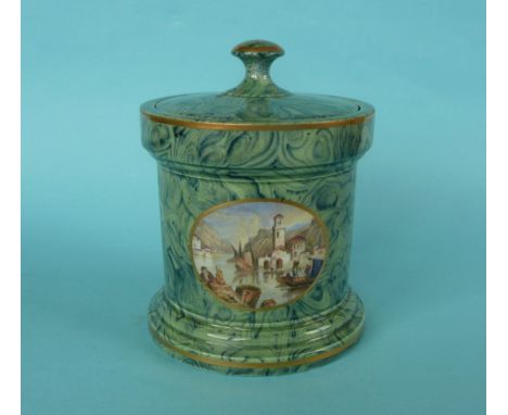 A good malachite tobacco jar and cover: The Toilette (102) and A Rhine Scene (408) gold line decoration, 130mm high (2) Illus