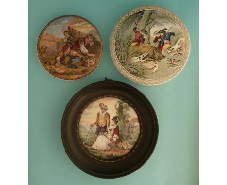 Fair Sportswoman (250) framed, I See You My Boy (311) and The Boar Hunt (262) Kirkhams (3) (potlid  pot lid  prattware) 