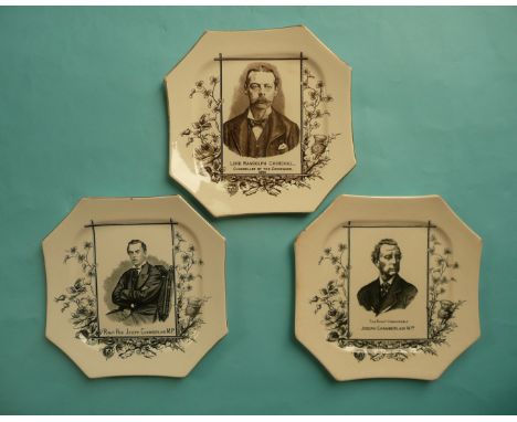 An octagonal pottery plate with named portrait of Lord Randolph Churchill and two others of Joseph Chamberlain (3) (commemora