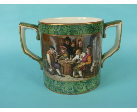 A cylindrical malachite loving cup: Jolly Topers (406) on both sides, gold line decoration, 119mm (potlid  pot lid  prattware