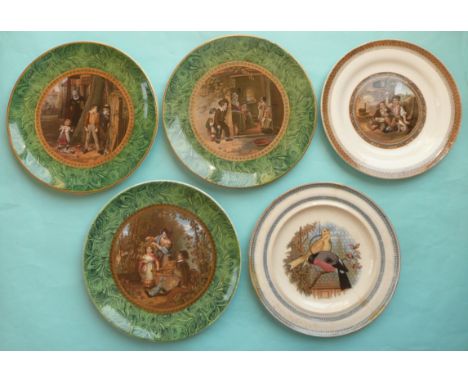 A pair of malachite plates: The Truant (413) and The Bully (415) gilt lining, another: The Hop Queen (414) and two other plat