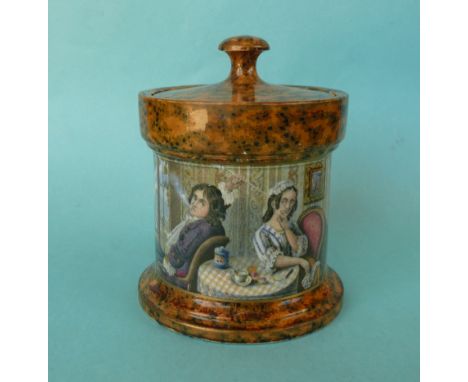 A cylindrical tobacco jar and cover: Passing the Pipe (404) black mottled orange ground, 122mm, restored (2) (potlid  pot lid