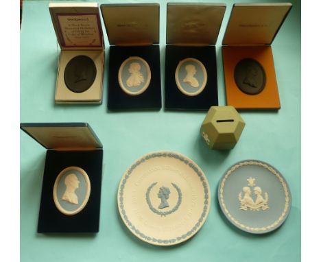 Five Wedgwood portrait medallions for Royal Family members, two jasperware plates and a money box for 1969 (a lot) (commemora