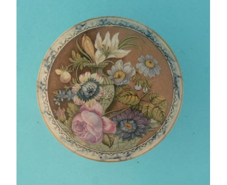 Floral (131/16) domed lid with black marbled border and flange complete with matching tall Gosnell base (2) (potlid  pot lid 