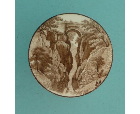 A brown printed lid with a scene said to depict the Devil’s Bridge, the matching base inscribed J. Pass, China Rooms, Aberyst