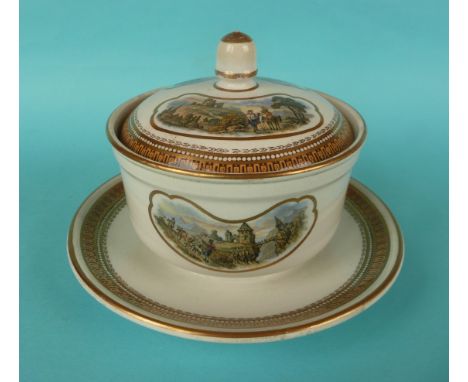 A circular bowl on integral stand with lid: Bridge Across the Gap (409) Tyrolese Hill Scene (410) 123 border, gold line decor