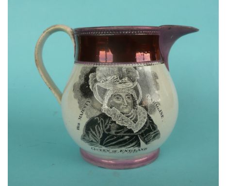 1821 Caroline in Memoriam: a pink and copper lustre banded jug printed in black with named and dated portrait and an inscribe