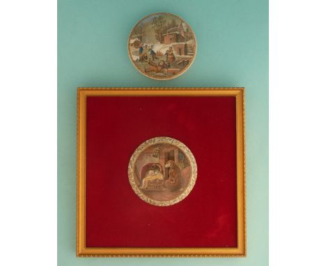 Dangerous Skating (249) and Deerhound Guarding Cradle (269) rim chip, framed (2) (potlid  pot lid  prattware) 