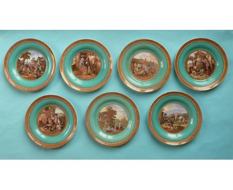 A set of seven side plates with green, 123 and gold lined borders (7) (potlid  pot lid  prattware) 