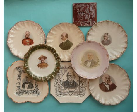 Five various plates for Gladstone, another Tom Ellis, also Roberts and Baden Powell and a tile depicting Bright, some cracked