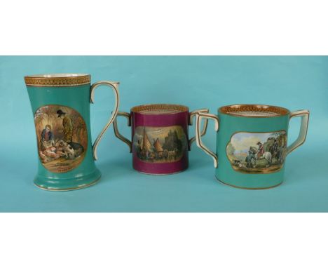 An unusual waisted tall green ground tankard, 169mm, manufacturer’s glazed chip and two cylindrical loving cups (3) (potlid  