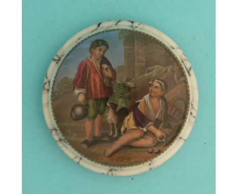 Peasant Boys (348) domed lid with black marbled border and flange (potlid  pot lid  prattware) 