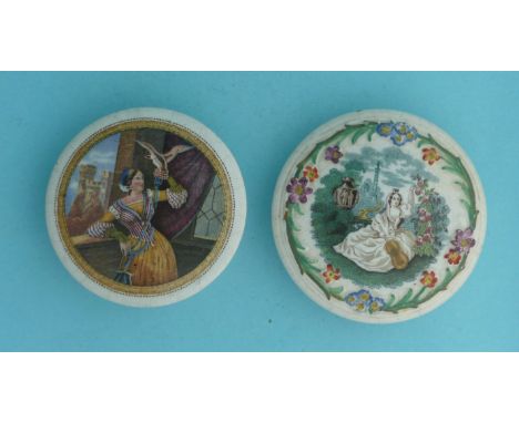 Lady with Hawk (106) white border and Lady with Guitar (107) (2) (potlid  pot lid  prattware) 