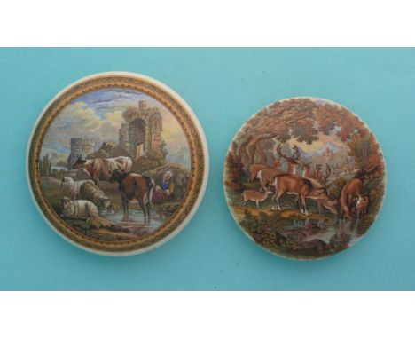 Cattle and Ruins (315) large, gold line border and Deer Drinking (321) (2) (potlid  pot lid  prattware) 