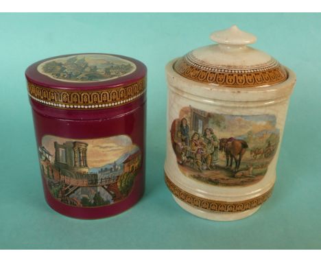 A cylindrical pot and cover: The Wooden Bridge (400) Cows in Stream Near Ruins (388) and Street Scene on the Continent (336A)