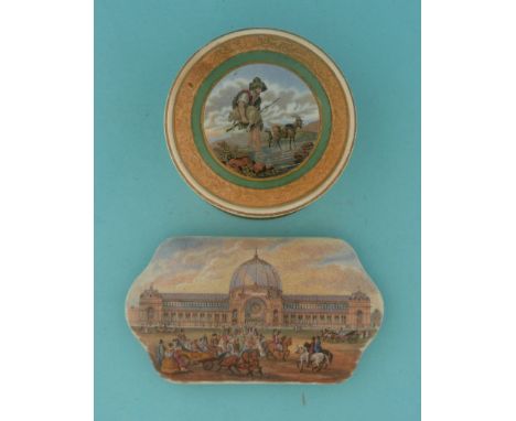 The Faithful Shepherd (309) green and buff gilt scroll decorated border, flange chipped, complete with matching base and Alex