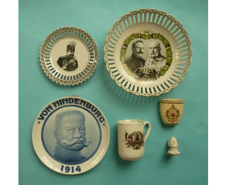 A pierced bordered side plate depicting Nasreddin Shah of Persia, a similar bowl for the Kaiser, a Rosenthal plate of von Hin