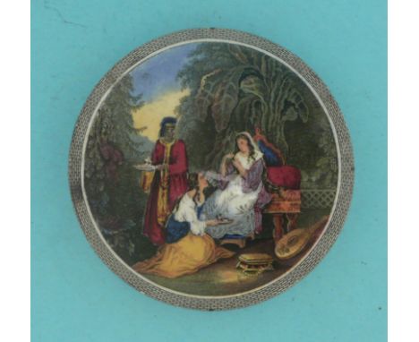 An Eastern Repast (98) black printed border, rim drilled (potlid  pot lid  prattware) 