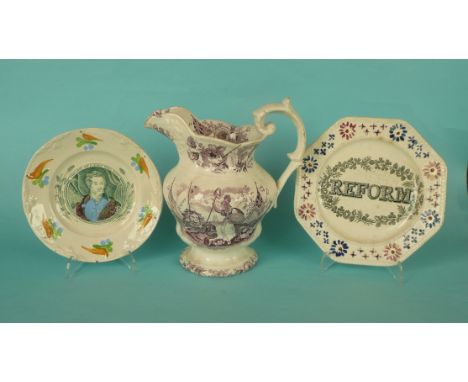 1832 Reform: a pottery jug printed in purple, 210mm, fine star crack, an octagonal plate and another with named portrait of P