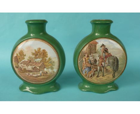 A pair of flask shaped vases with pale malachite grounds (2) (potlid  pot lid  prattware) 