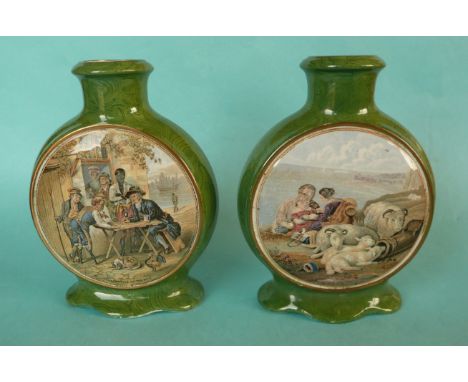 A pair of malachite ground flask shaped vases (2) (potlid  pot lid  prattware) 