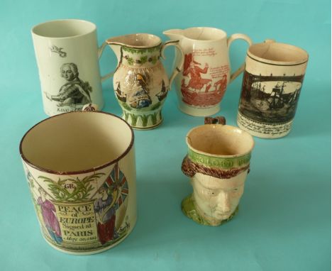 A Worcester King of Prussia mug, an 1814 Peace of Paris mug, a Rodney character mug, a Duncan mug, a Sunderland Bridge mug an