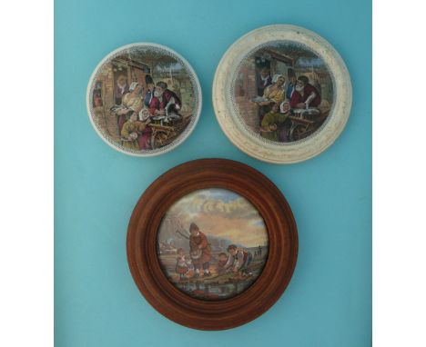 The Fishbarrow (58) medium and large varieties and The Shrimpers (63) framed (3) (potlid  pot lid  prattware) 