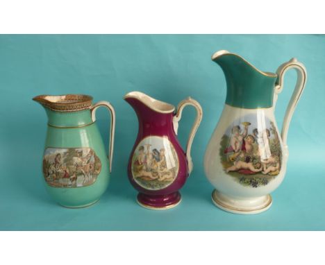 A green ground pear shaped jug, 173mm and two baluster shaped jugs: Bacchanalians (3) (potlid  pot lid  prattware) 