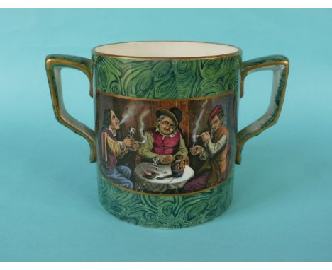 A cylindrical malachite loving cup: Passing the Pipe (404) and The Smokers (405) gold line decoration, 106mm (potlid  pot lid