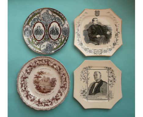 An octagonal pottery plate with named seated portrait of Hon Edward Blake MA QC, another James Fraser, a Primitive Methodist 