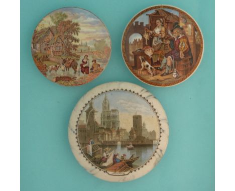 Strasburg (331) restored chip, Fording the Stream (335) and The Poultry Woman (349) (3) (potlid  pot lid  prattware) 