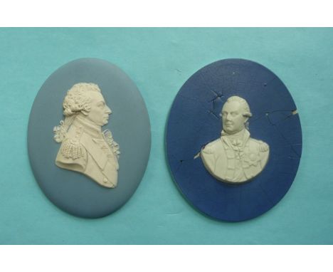 A 19th century Wedgwood blue jasperware portrait medallion of John Jervis, First Earl of Vincent, 114mm and another dark blue