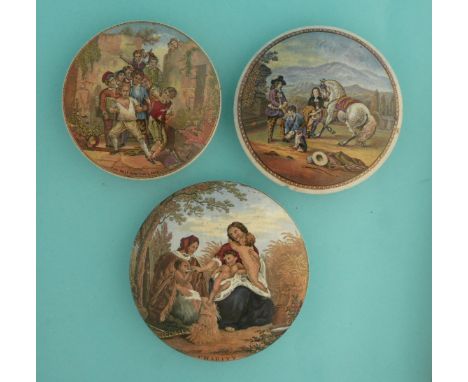 Charity (362) large, The Wolf and the Lamb (361) and Preparing for the Ride (351) chipped (3) (potlid  pot lid  prattware) 