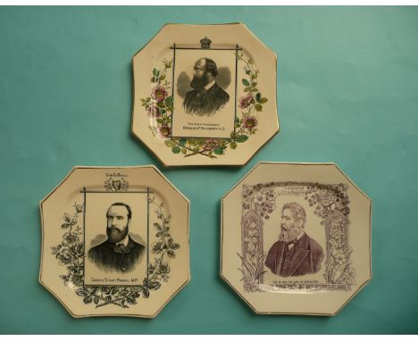 An octagonal pottery plate with named portrait of Salisbury, another Iddesleigh and one other of Charles Stuart Parnell, tiny