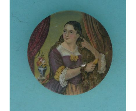Lady Brushing Hair (111) (potlid  pot lid  prattware) 