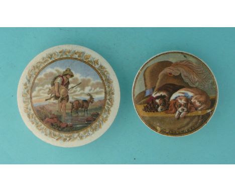 The Faithful Shepherd (309) flat lid, marbled border and Pompey and Caesar (271) (2) (potlid  pot lid  prattware) 